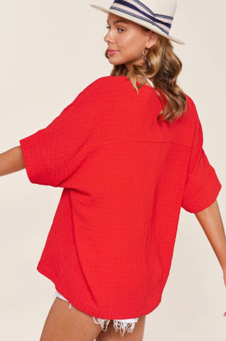 Red V-Neck Short Sleeve Flowy Top