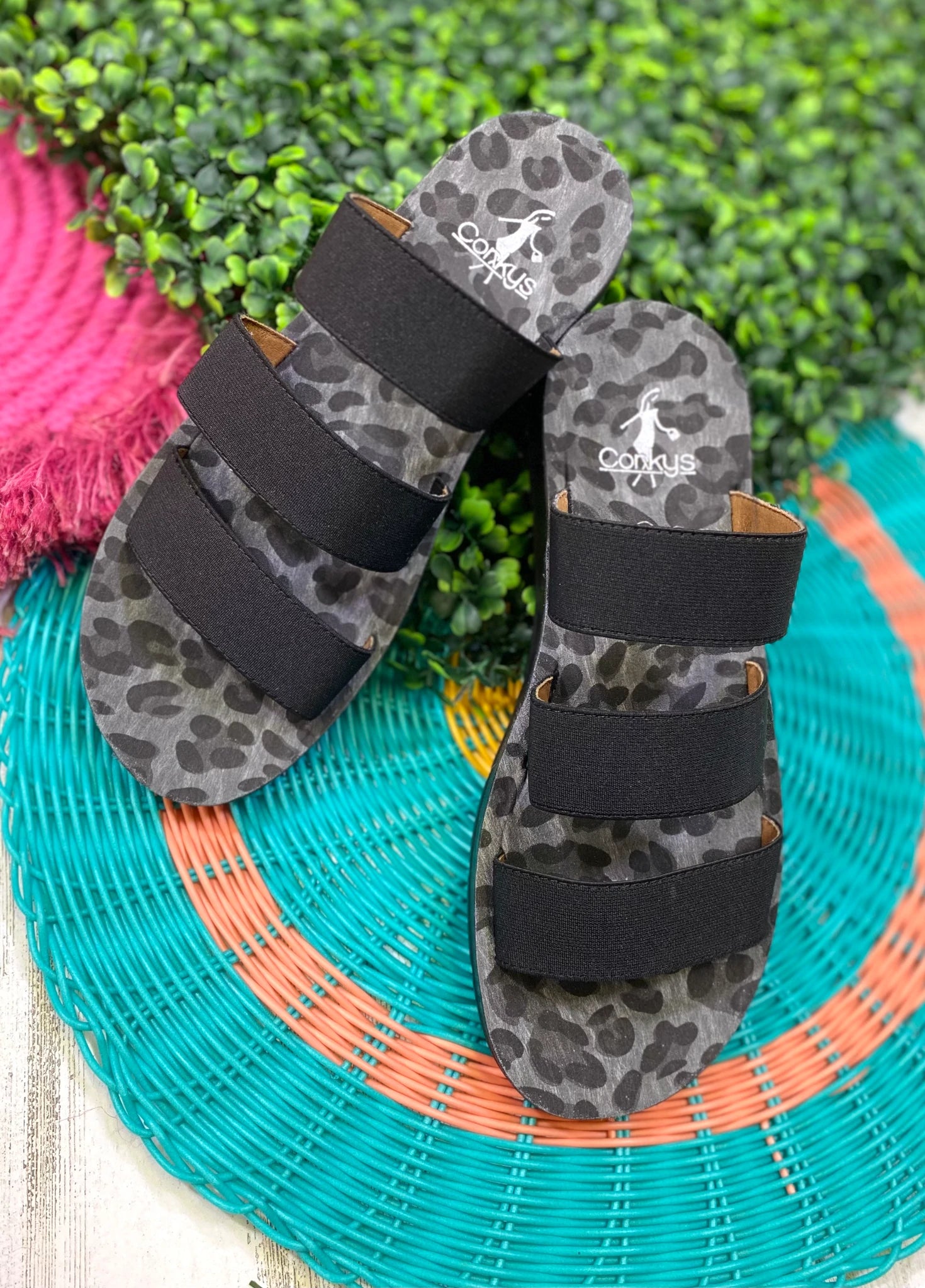 Corky’s Dafne Black/Grey Leopard Slip On Sandal