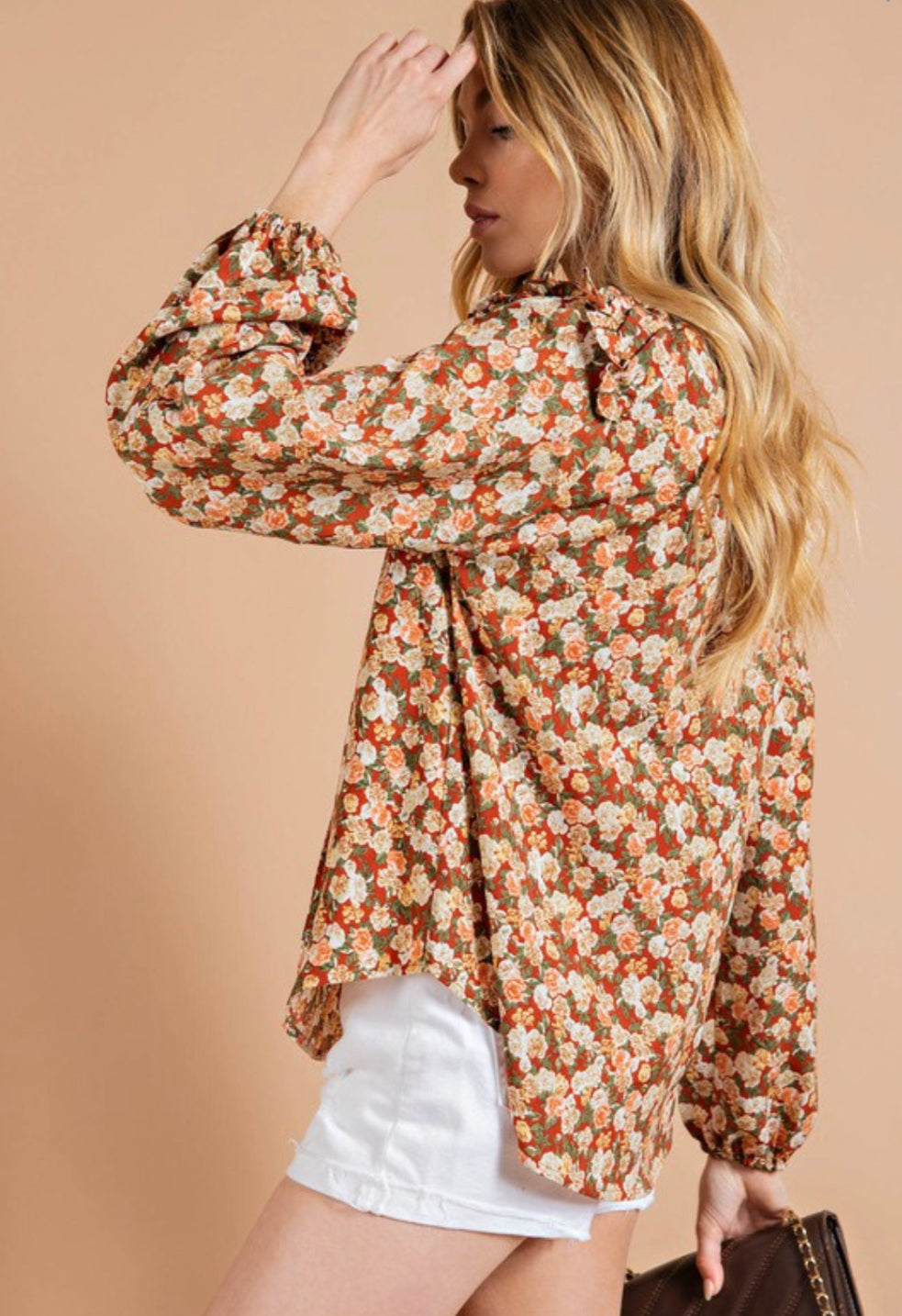 Rust-Mix Floral Long Sleeve Tie Neck Blouse