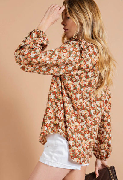 Rust-Mix Floral Long Sleeve Tie Neck Blouse