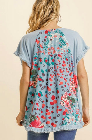 Sky Blue Linen Short Sleeve Floral Leopard Print Top