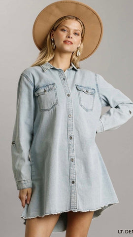 Chest Pockets Collar Button Down Light Denim Dress