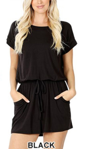Black Short Sleeve Romper w/ Pockets