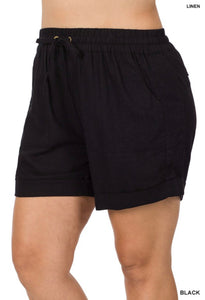 Black Linen Drawstring Waist Shorts- Plus