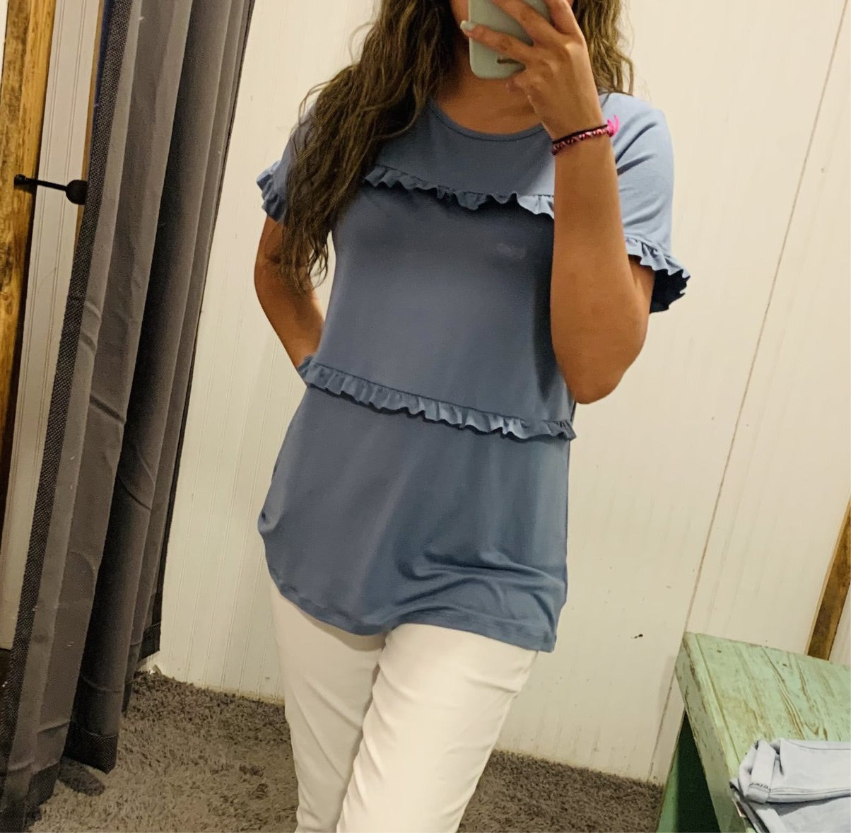 Denim Blue Ruffle Tiered Short Sleeve Top