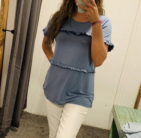 Denim Blue Ruffle Tiered Short Sleeve Top