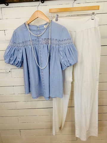Powder Blue Short Sleeve Crochet Keyhole Top