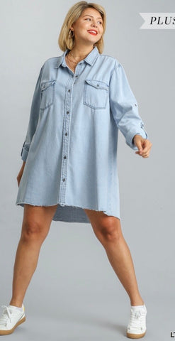 Chest Pockets Collar Button Down Light Denim Dress- Plus