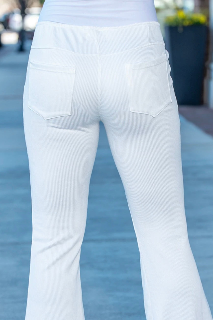 Ivory Ribbed Bell Bottom Palazzo Pants- Plus