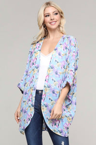 Blue Floral Open Kimono 3/4 Sleeve - Plus