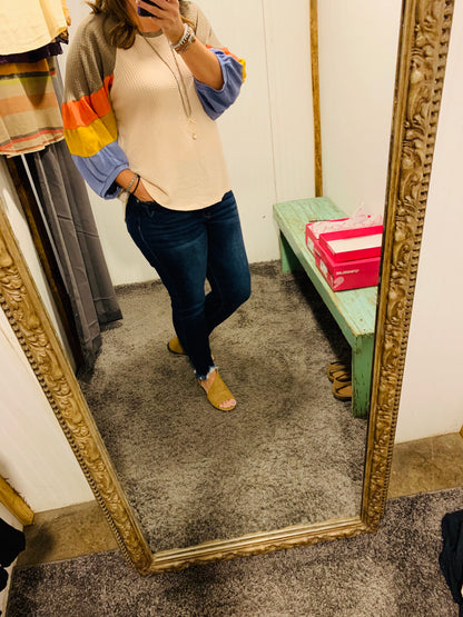 Fall Stripes Waffle Knit 3/4 Sleeve Top