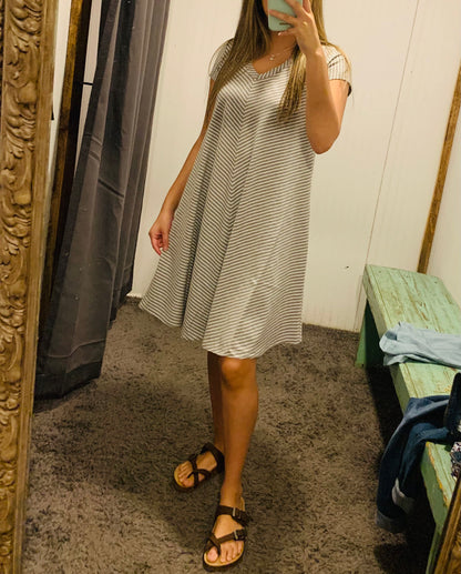 Grey and White Striped V Neck Dress