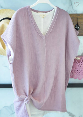 Mauve V-neck Cotton Gauze Oversized Top