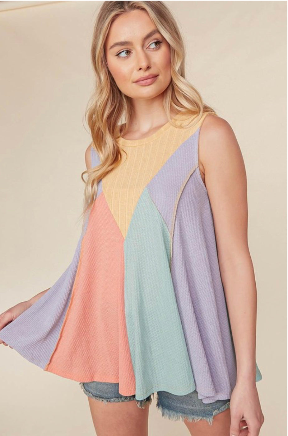 Multi Color Block Waffle Knit Sleeveless Top