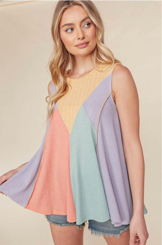 Multi Color Block Waffle Knit Sleeveless Top