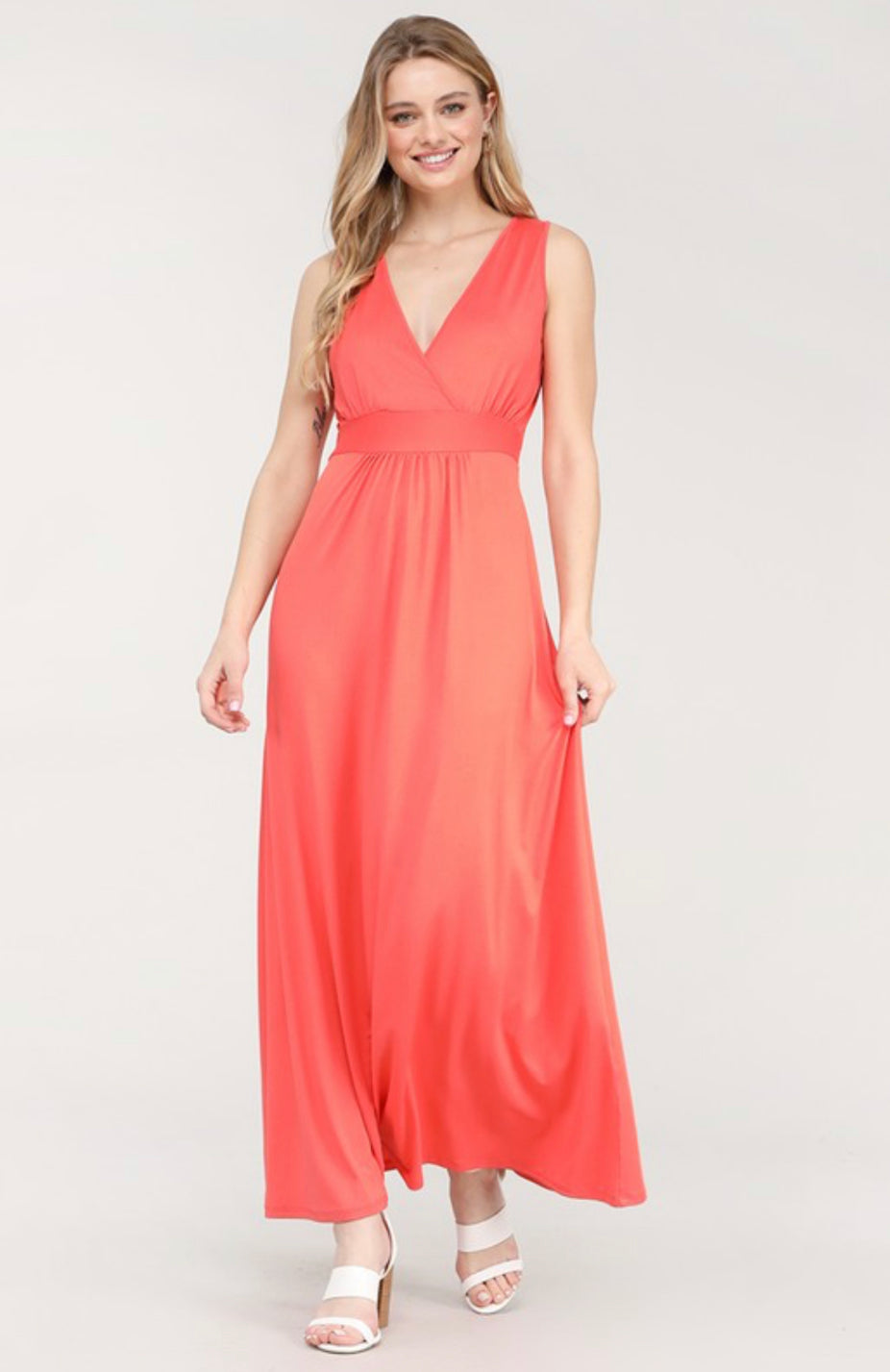Coral Sleeveless Surplice V-neck Maxi Dress