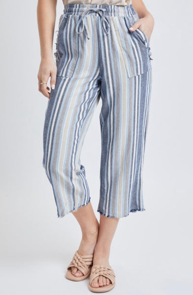 Blue Multi Striped Capri Linen Pants