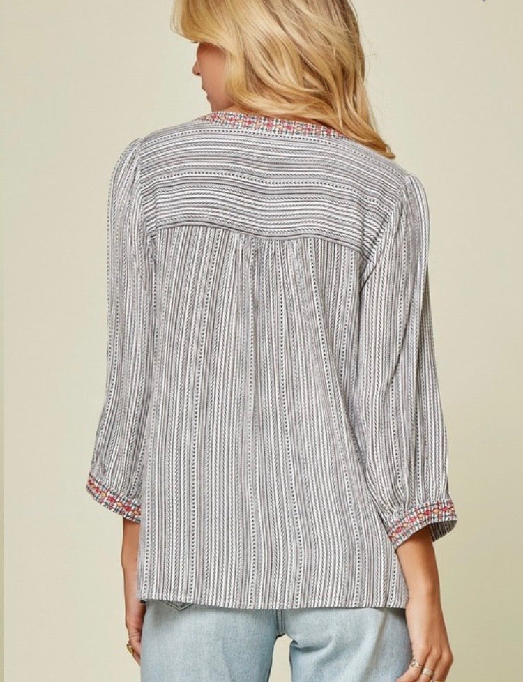 Striped Ivory Black Floral Embroidery Woven Top