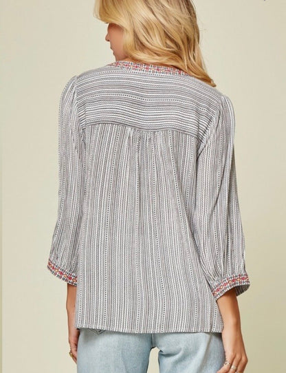 Striped Ivory Black Floral Embroidery Woven Top