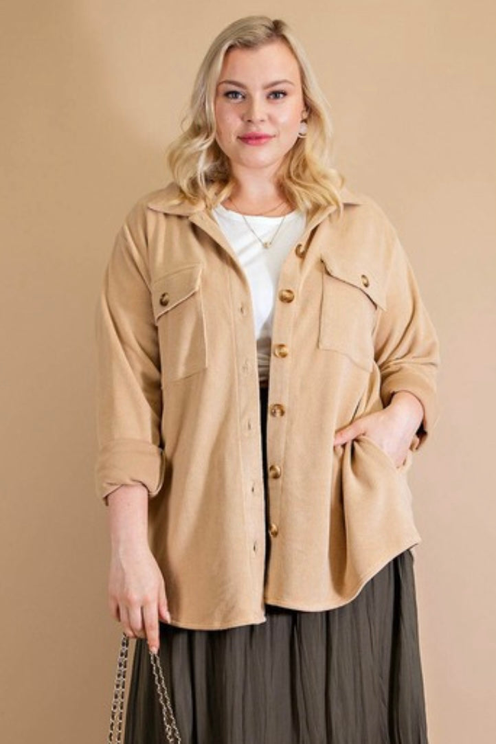 Beige Fleece Button Down Shacket