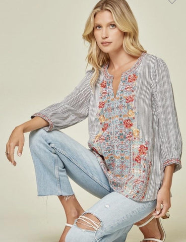 Striped Ivory Black Floral Embroidery Woven Top- Plus