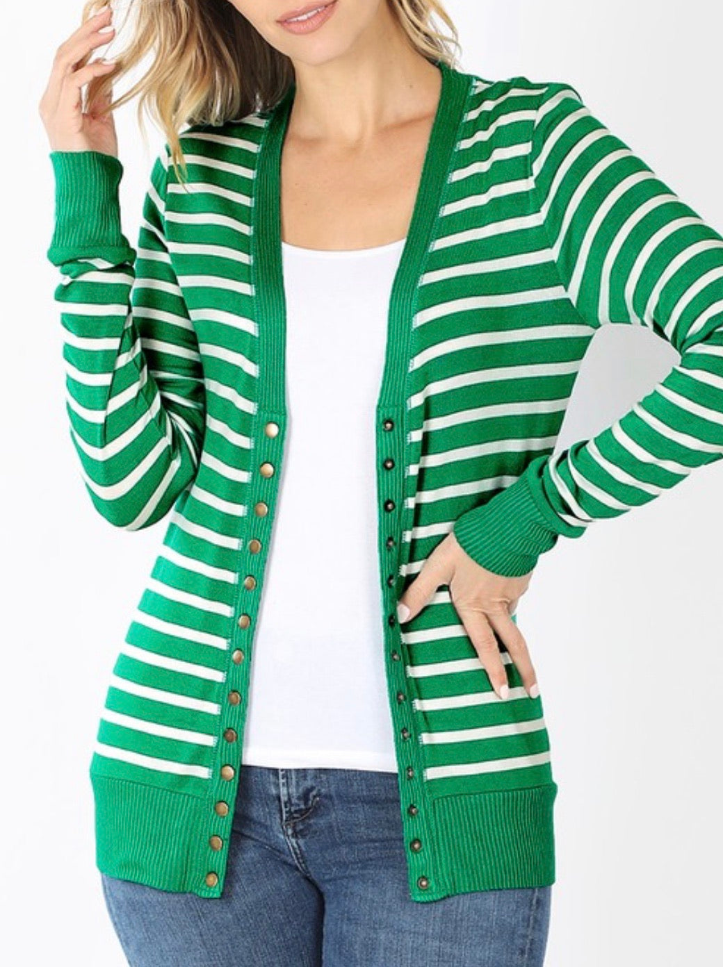 Green & Ivory Stripe Snap Cardigan