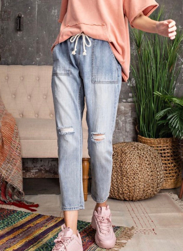 Light Denim Washed Boyfriend Fit Cargo Cropped Jeans