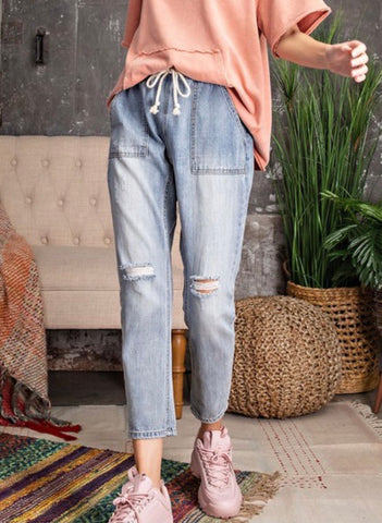 Light Denim Washed Boyfriend Fit Cargo Cropped Jeans