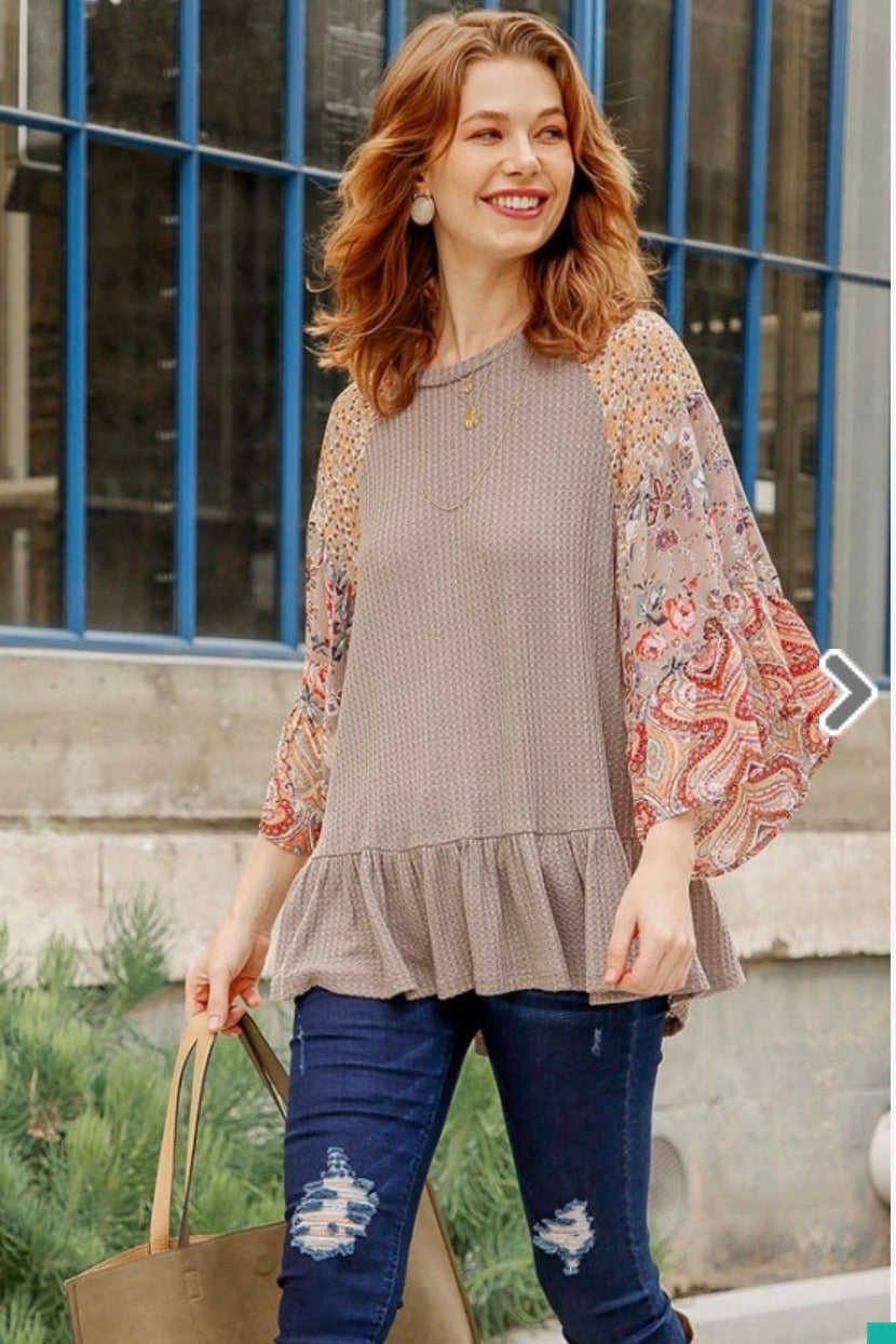 Mocha Waffle Knit Top with Floral Bell Sleeves