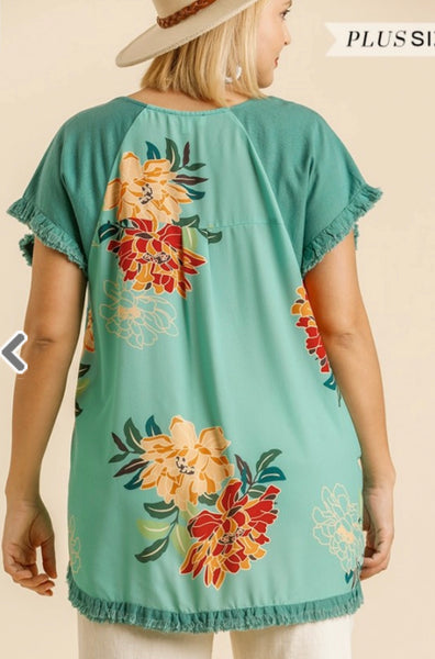 Emerald Linen Short Sleeve Floral Print Back Top - Plus