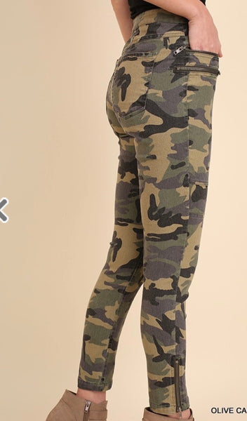 Olive Camo Moto Pants with Zipper Front and Ankle Details