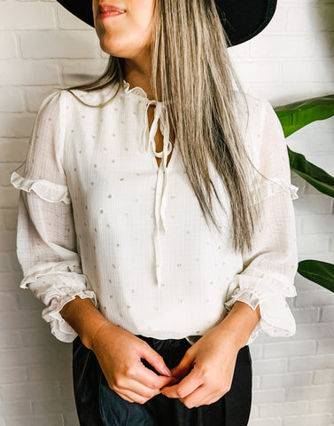Ivory Long Ruffle Sleeve Gold Speckled Blouse