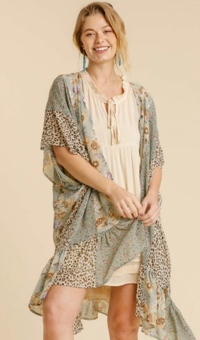Mint Mix Half Sleeve Open Front Kimono w/ Ruffle Hem