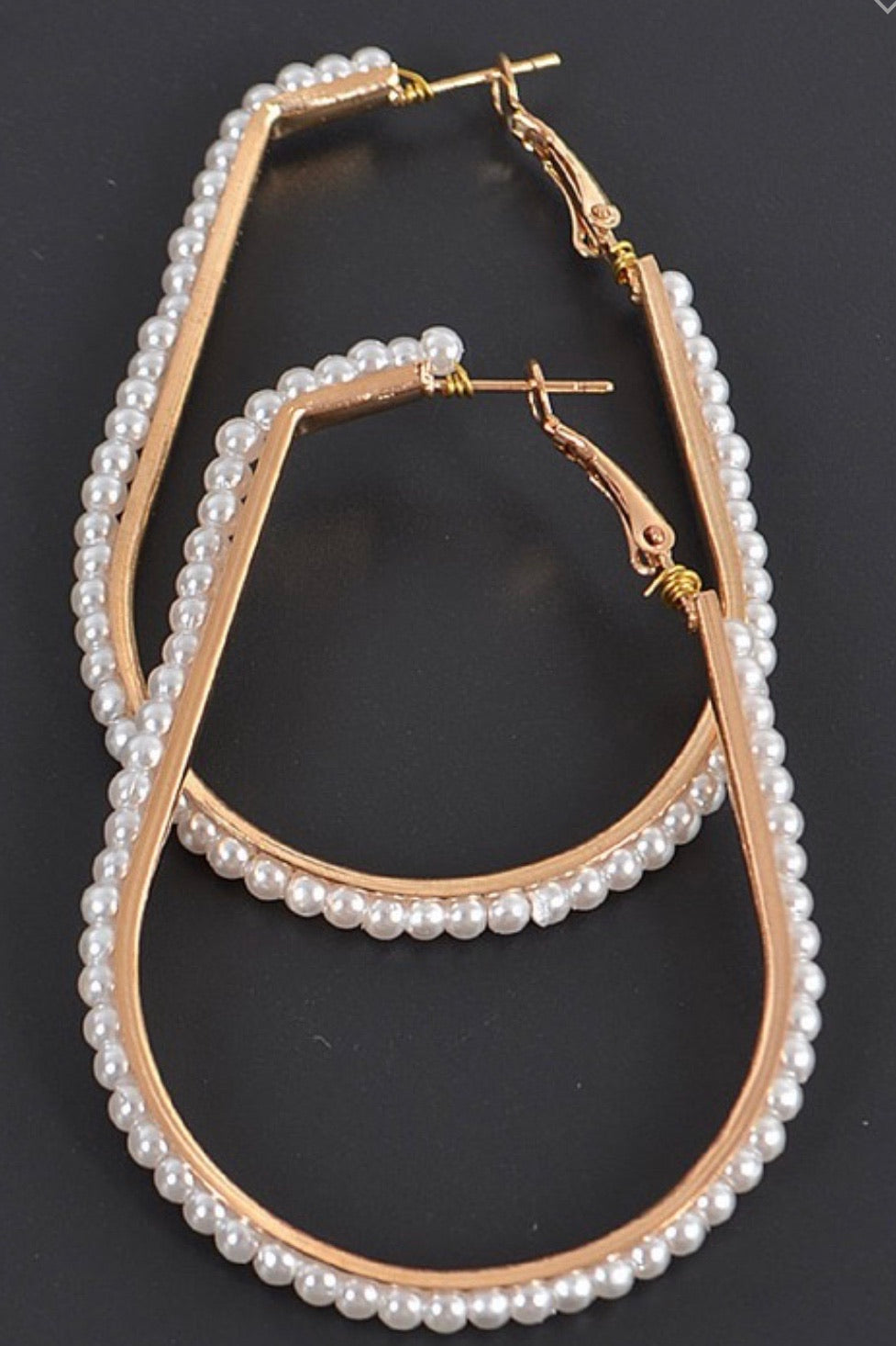Ivory Oblong Hoop Earrings Lined with Pearls