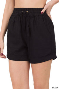 Black Linen Drawstring Waist Shorts