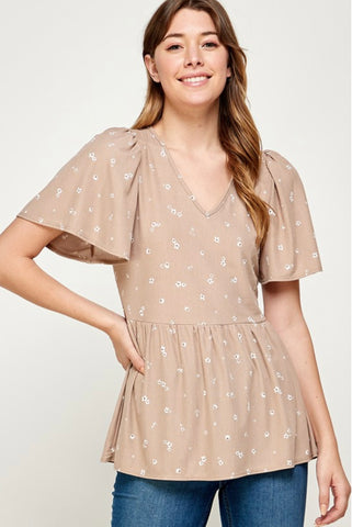 Sand Daisy Flower Print Knit Babydoll Top