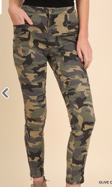 Olive Camo Moto Pants with Zipper Front and Ankle Details