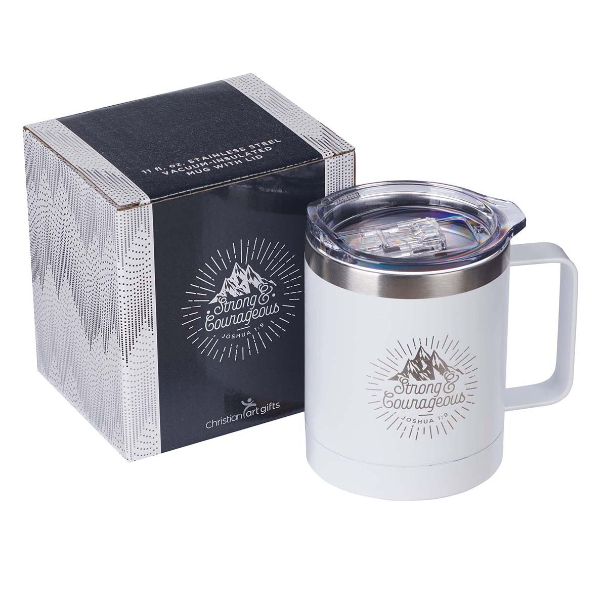 White Travel Mug Strong & Courageous