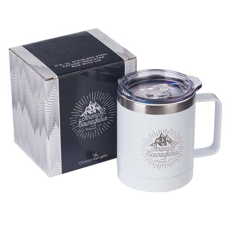 White Travel Mug Strong & Courageous