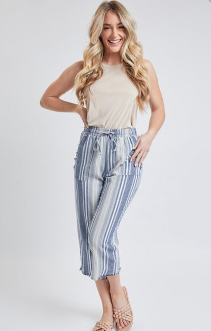 Blue Multi Striped Capri Linen Pants