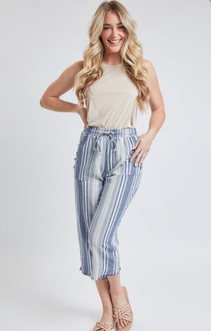 Blue Multi Striped Capri Linen Pants