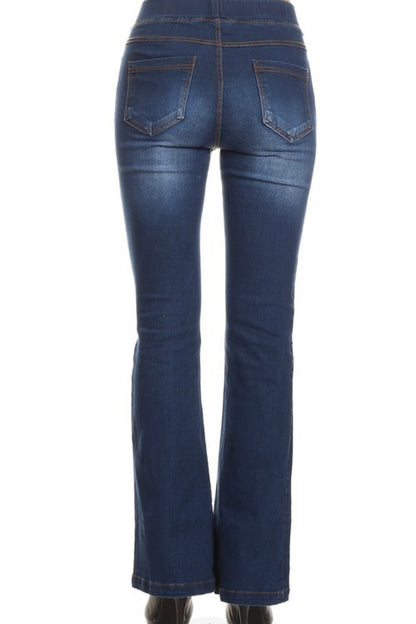 Dark Denim Pull On Flare Jeans