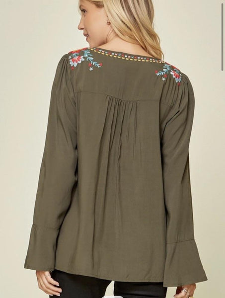 Dark Olive Floral Embroidery Detail w/ Bell Sleeve Top- Plus