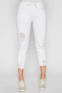 White Petite High Rise Distressed Jogger Jeans