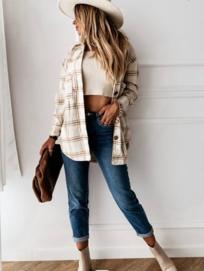 Khaki/White Grid Print Oversize Thick Flannel