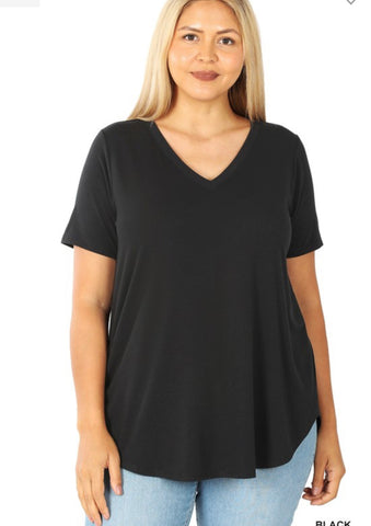 Black Short Sleeve V-Neck Top- Plus