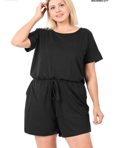 Black Short Sleeve Romper w/ Pockets- Plus