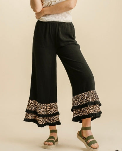 Black Linen Blend Animal Print Fringed Layered Wide Leg Pants