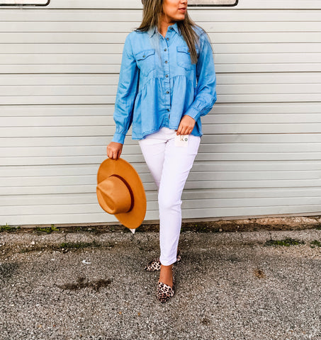 Denim Button Up Long Sleeve Top -Plus