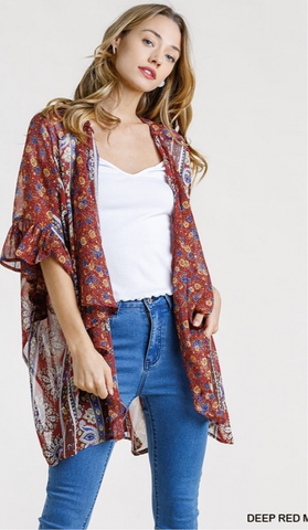 Deep Red Mix Paisley Open Drape Kimono w/ Ruffles